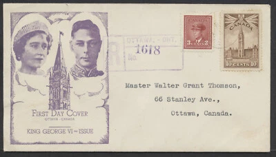 1942 #251+#257 3c + 10c War Issue FDC Unusual Cachet Registered Ottawa - Image 1 of 2