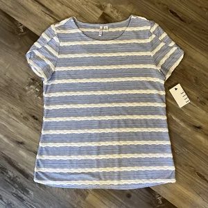 Elle Top Shirt Blue White Stripe Soft Lightweight Size Medium Short Sleeve NWT - Picture 1 of 4