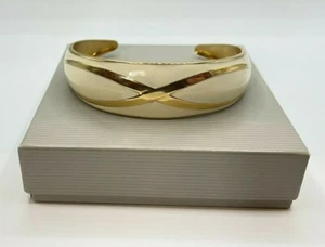 Vintage Avon Fashion Pastel Cream Color Enamel & Gold Tone Cuff Bracelet in Box - Picture 1 of 11