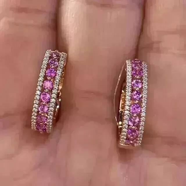 14K Yellow Gold Plated 2Ct Round Lab Created Pink Sapphire Women Hoop Earrings - Image 1 of 3