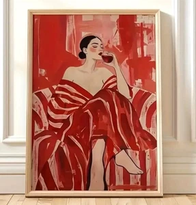 Tela artistica retrò rossa a righe astratta vino donna ritratto tela.  20 x 28" - Foto 1 di 2