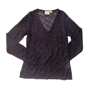 COUNTRY ROAD Lace Detail Long Sleeve Knit Tshirt Top XS Black Sheer V Neck Visco - Picture 1 of 8