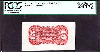 US 15c Fractional Currency Specimen Wide Margin Red Back FR 1276 PCGS 58PPQ (38) - Image 1 of 2