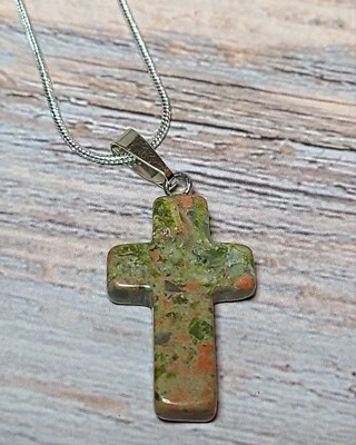Natural Carved Polished Unakite Crystal Stone Cross Pendant Necklace on Chain - Image 1 of 4
