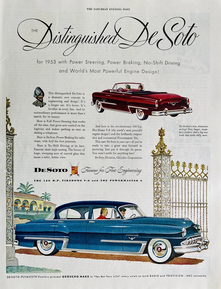 Anuncio impreso de colección 1953 distinguido DeSoto retro auto garaje pared arte decoración MCM Foto 1 de 1