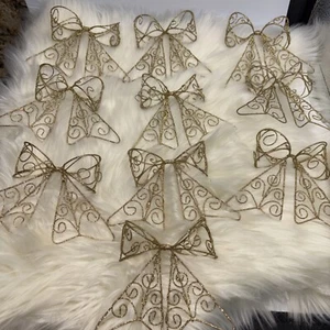 Set Of 10 Wire Gold Glitter Filigree Bow Christmas Ornament Topper Vintage Xmas - Picture 1 of 5