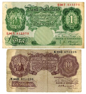 Großbritannien ... P-368a,369c ... 10 Shillings 1 Pound ... ND (1948) *VG*🤩 - Bild 1 von 2