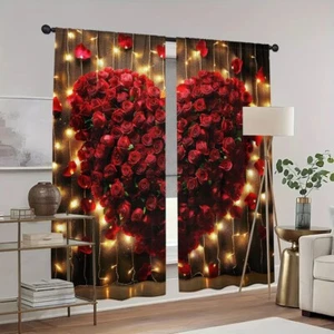 2pcs Red Flowers with Golden Light Curtains Window Drape for Bedroom Living Room - Picture 1 of 50