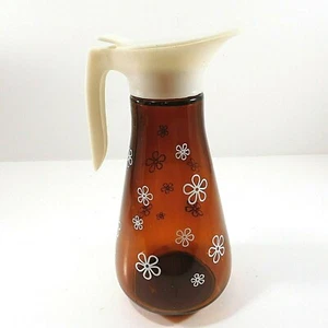 Vintage Syrup Pitcher Brown w White Flowers Thatcher Glass - Picture 1 of 6