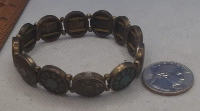 Bracelet Vtg Unique Copper Metal Links with turquoise enamel  Stretch  7/19-27 - Image 1 of 4
