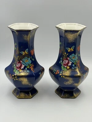 Pair Vintage Falcon Ware Ceramic Vases 23cm Blue & Gold Floral Design JHW & Sons - Image 1 of 4