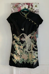 Topshop Black Floral Oriental Mini Dress, UK Size 10 New Rare Asymmetrical - Picture 1 of 10