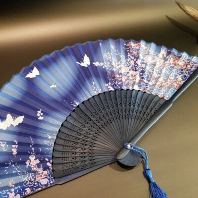 2X Retro Chinese Silk Bamboo Folding Hand Fan Flower Fans with Tassel Fringe - Image 1 of 4
