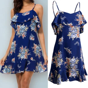 Women Summer Loose Dress Ladies Boho Beach Holiday Floral Sun Dresses Small Size - Picture 1 of 11