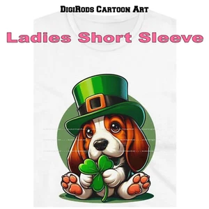 Basset Hound Puppy Dog Irish Pride Leprechaun DigiPups Cartoon Ladies T Shirt - Picture 1 of 4