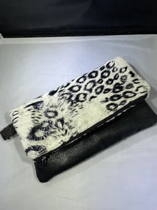 Faux Fur Faux Leather Fold Over Clutch Pouch Handbags - Picture 1 of 5