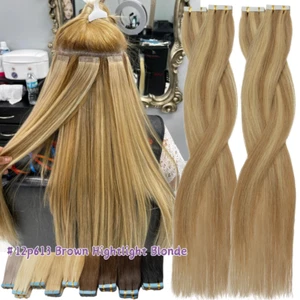 10"-24" Tape In Skin Weft 100% Human Hair Extensions 60pcs/150g Full Head BLONDE - Picture 1 of 87