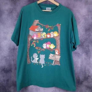 Vintage 90s Basic Editions Treehouse Cafe bird and kitty cat granny shirt - Picture 1 of 6