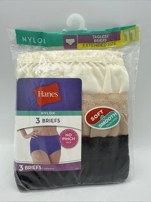 NIP HANES NYLON TAGLESS BRIEFS LACE WAIST COTTON LINER 3 PACK WOMEN'S SIZE 11 - Image 1 of 4