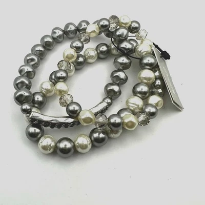 Chico's Beaded Sophia Pearl Multi Stretch Bracelet set 3 Gray Lot $39 Chicos NWT - Image 1 of 4