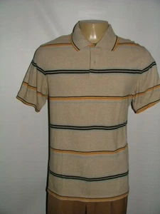 MENS BLACK BROWN POLO CASUAL SHIRT SIZE M 100% COTTON ORANGE WHITE STRIPED #150 - Picture 1 of 5
