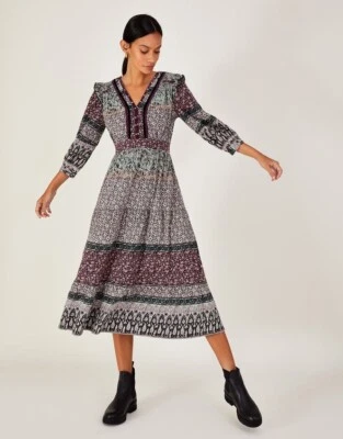 MONSOON Dress Large Cotton Velvet Trim Sequin Maroon Floral Midi - Image 1 of 4