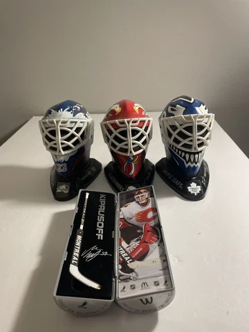 Mcdonalds NHL Mini Goalie Masks Lot Of 3 and 1 Mini Stick, Potvin, Belfour, Roy Cover