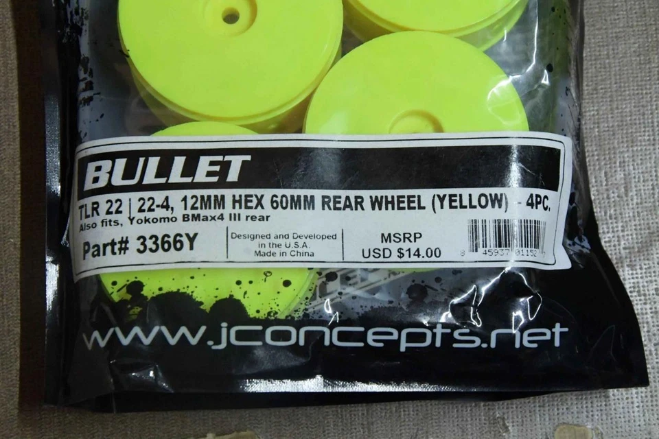 JCONCEPTS 3366Y BULLET TLR 22-4, 12MM HEX 60MM REAR WHEEL (YELLOW) - 4PC. ALSO F - Image 1 of 1