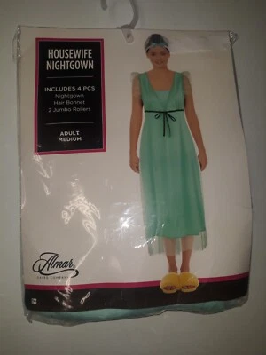 Housewife Nightgown Costume with Hair Rollers & Bonnet Women's Medium 4-Pcs NEW - Image 1 of 4