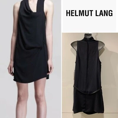 Vestido corto HELMUT LANG EE. UU. NUEVO CON ETIQUETAS $599 negro envolvente, detalle de cinturón de cuero US6/AUST10 Foto 1 de 4