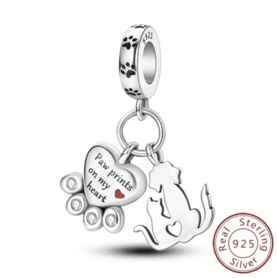 MULA Frauen 925 Sterling Silber Charm CZ Katze Hund Pfote Drucke Für Armbänder - Bild 1 von 4