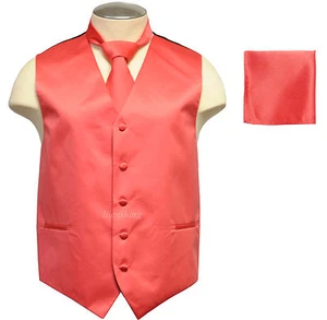 Nuevo Marca Q Para hombres Chaleco Esmoquin Chaleco Chaleco Corbata y Hankie Set Coral Liso Fiesta - Imagen 1 de 4