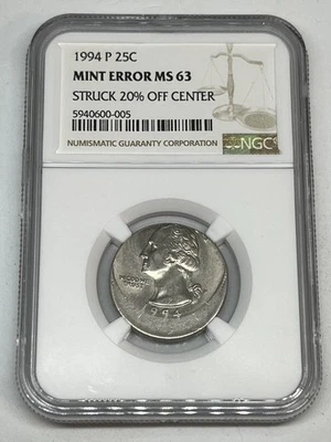 1994-P Washington Quarter - Mint Error Struck 20% Off Center - Graded NGC MS63 - Image 1 of 4