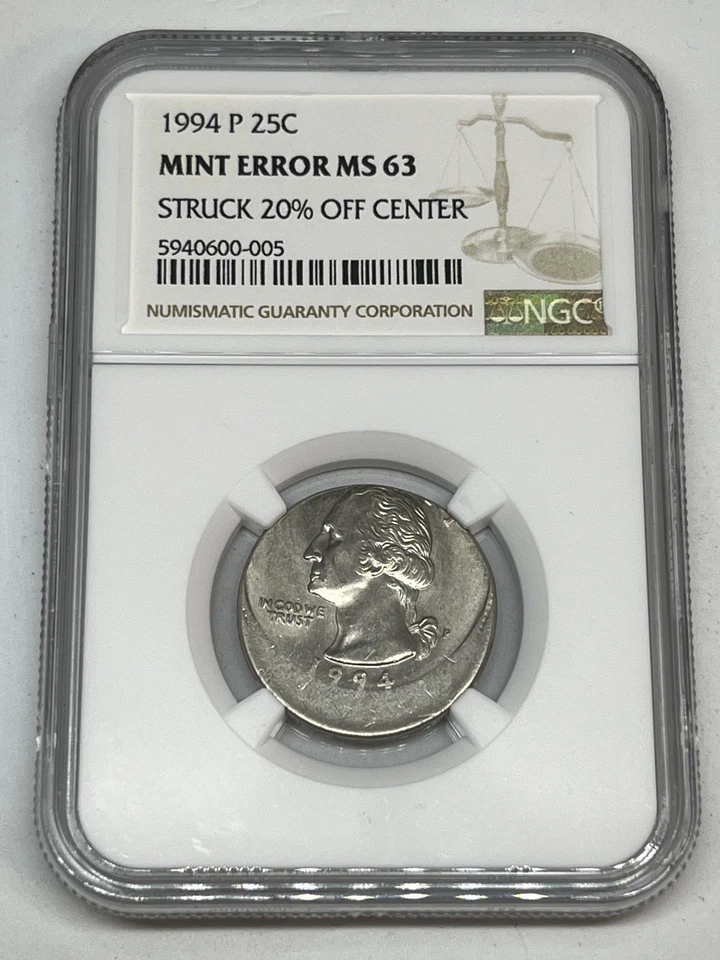 1994-P Washington Quarter - Mint Error Struck 20% Off Center - Graded NGC MS63 - Image 1 of 4