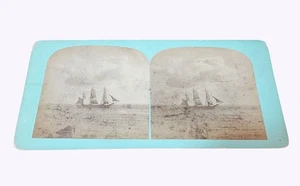 Antike Stereoview Karte Meeresansichten Nr. 1400 Schiff unter Vollsegel blaue Montierung - Bild 1 von 3