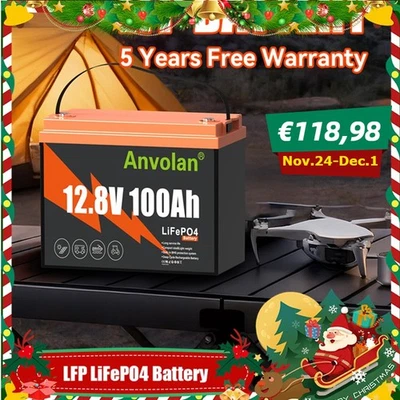 ANVOLAN Batería Litio 12V 100Ah LiFePO4 100A BMS Max.15000 Ciclos para Barco Camping Solar