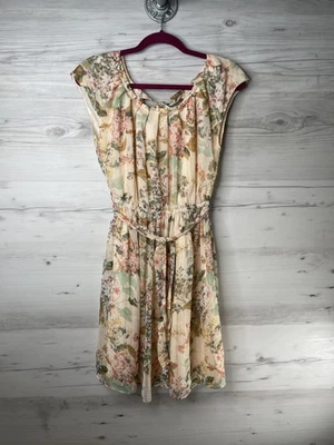 Lauren Conrad Dress Womens Small Cream Floral Pleated Belted Sleeveless Spring - Image 1 of 4