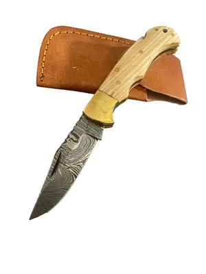 FOLDING KNIFE SALE Damascus  wood Folder w/ sheath - Image 1 of 4
