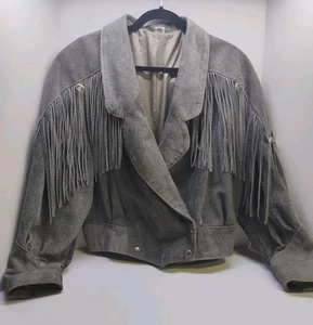 Vintage USA Made Gray Suede Leather Fringe Western Jacket Women’s Cropped 80's - Picture 1 of 22