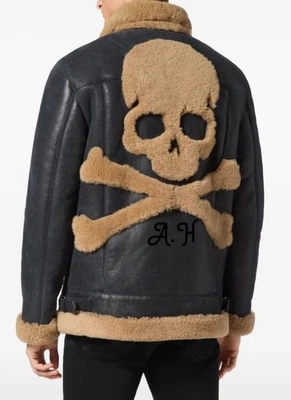 Chaqueta de bombardero de invierno B3 de cuero negro con calavera de oveja para hombre Foto 1 de 4