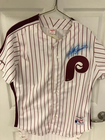 MIKE SCHMIDT PHILLIES    AUTOGRAPHED HOME WHITE PINSTRIPE RAWLING JERSEY -COA Cover
