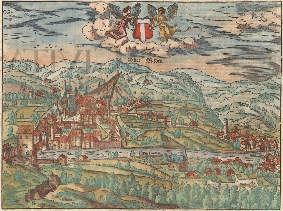 Mapa "Designatio civitatis Badensis Helveticae" (Baden im Aargau) S. Munster, 1572 Foto 1 de 3