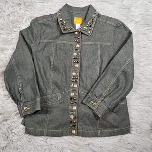 Ruby Rd. Jacket Womens Size 14 Green Metallic Denim Long Sleeve Embellished Gems - Picture 1 of 8