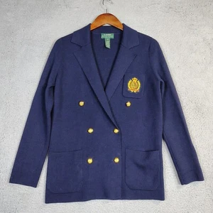 Lauren Ralph Lauren Blazer Women P Petite Navy 100% Merino Wool Knit Crest Retro - Picture 1 of 11