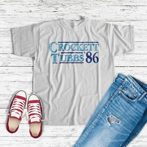 Crockett Tubbs 1986 Election Style Distressed 80's Miami White Tee NEW - Picture 1 of 2