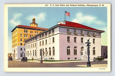 Postcard New Mexico Albuquerque NM Post Office Cars 1940s Unposted Linen - Image 1 of 2