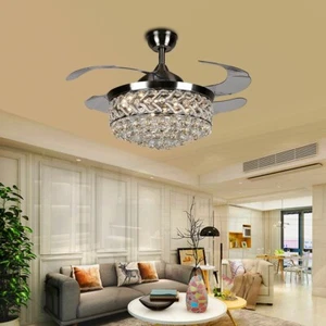 Modern 42" Invisible Ceiling Fan Light Crystal LED 3-Color Chandelier+Remote - Picture 1 of 9