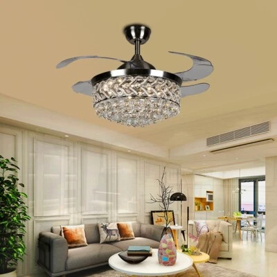 Modern 42" Invisible Ceiling Fan Light Crystal LED 3-Color Chandelier+Remote - Image 1 of 4