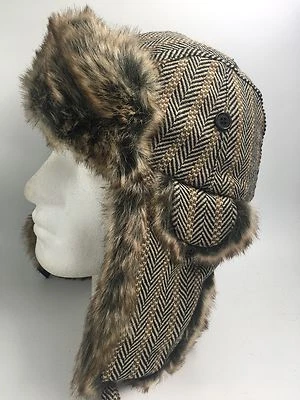 BROWN BLACK HERRINGBONE FLYING HAT FAUX FUR TRIM BNWOT HW2566 - Image 1 of 2