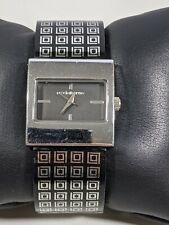Liz Claiborne Black Dial Silver Tone Square Case 28 mm Hinge Bracelet Band Watch